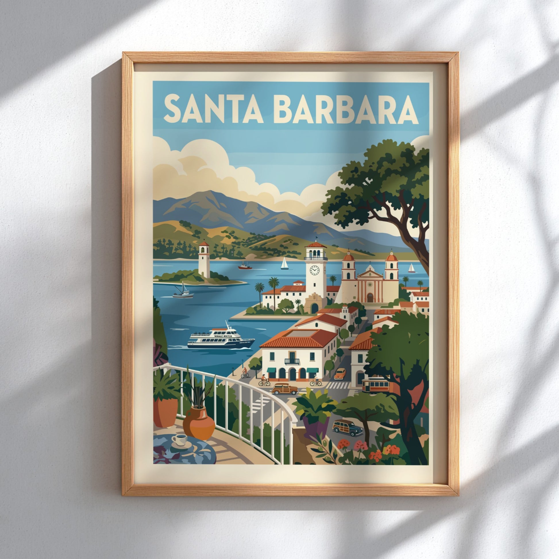 Retro travel poster print of Santa Barbara featuring coastal scenery, architecture, and boats.