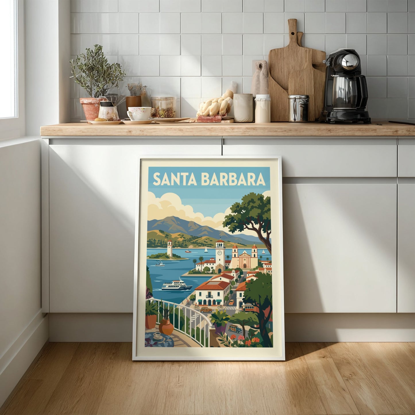 Retro travel poster print of Santa Barbara featuring coastal scenery, architecture, and boats.
