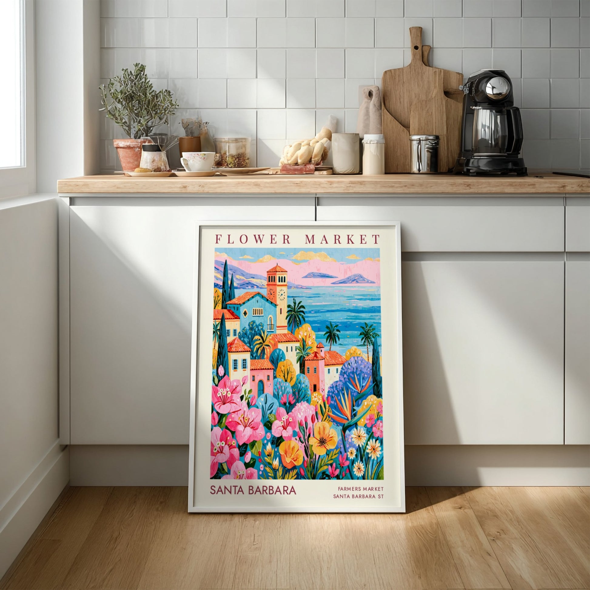 Flower market poster showcasing colorful buildings and flowers in a coastal setting
