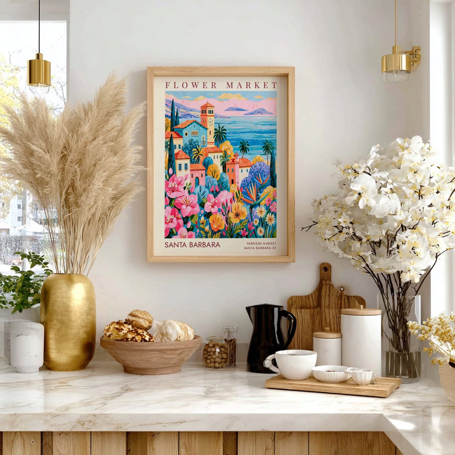Flower market poster showcasing colorful buildings and flowers in a coastal setting
