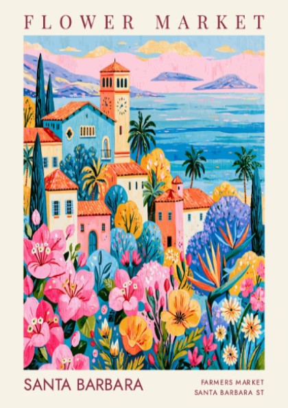 Flower market poster showcasing colorful buildings and flowers in a coastal setting