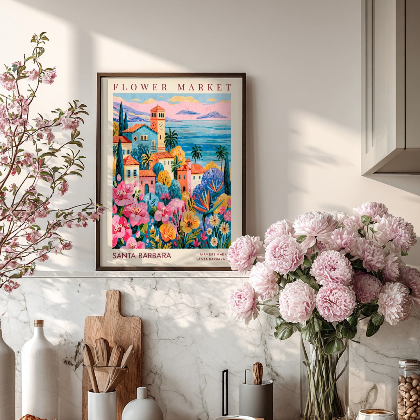 Flower market poster showcasing colorful buildings and flowers in a coastal setting
