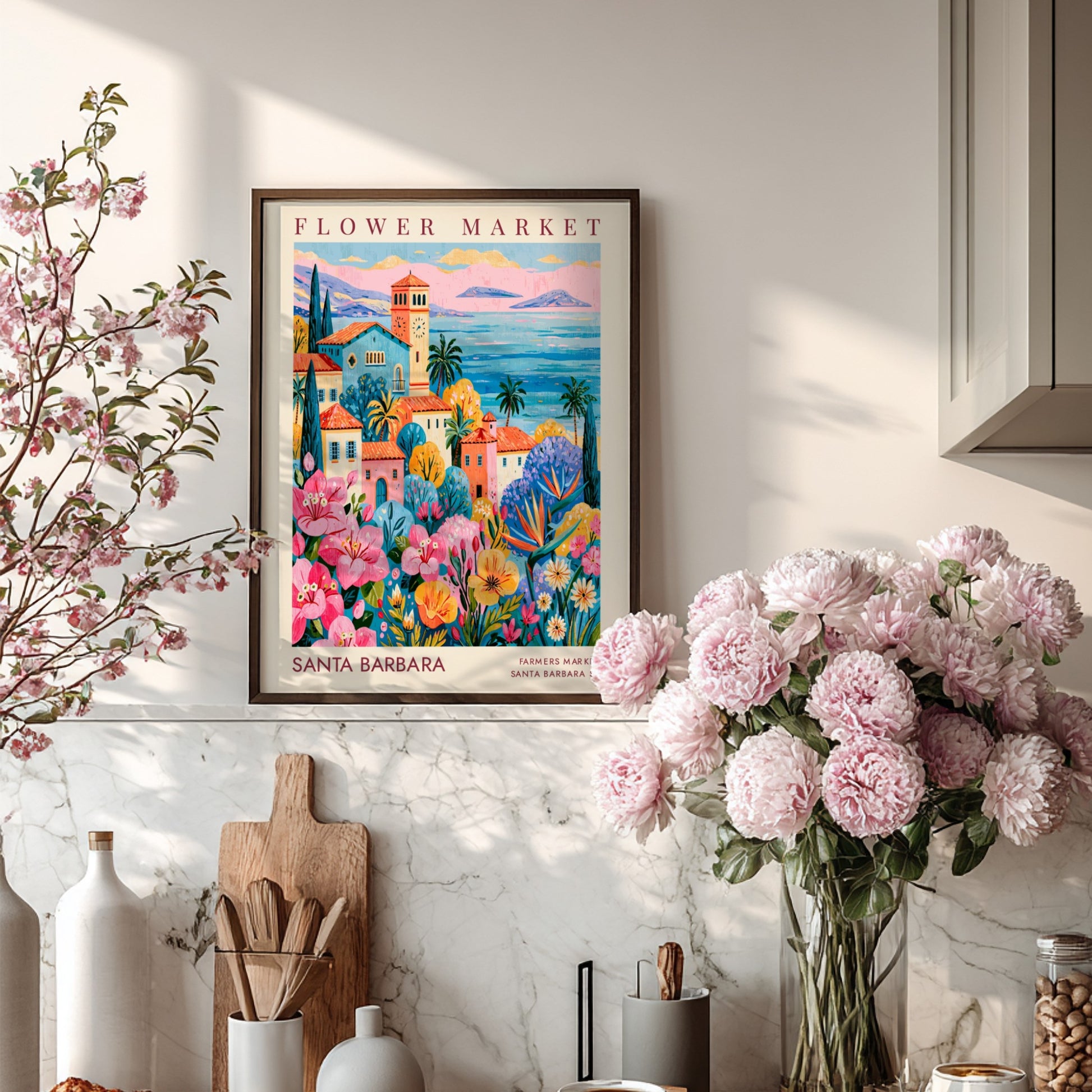 Flower market poster showcasing colorful buildings and flowers in a coastal setting