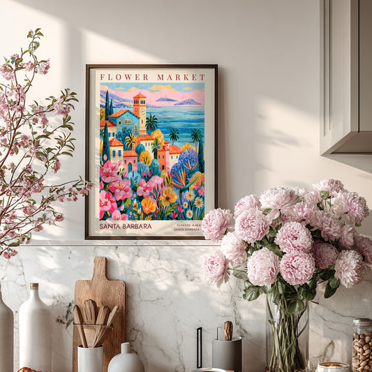 Flower market poster showcasing colorful buildings and flowers in a coastal setting