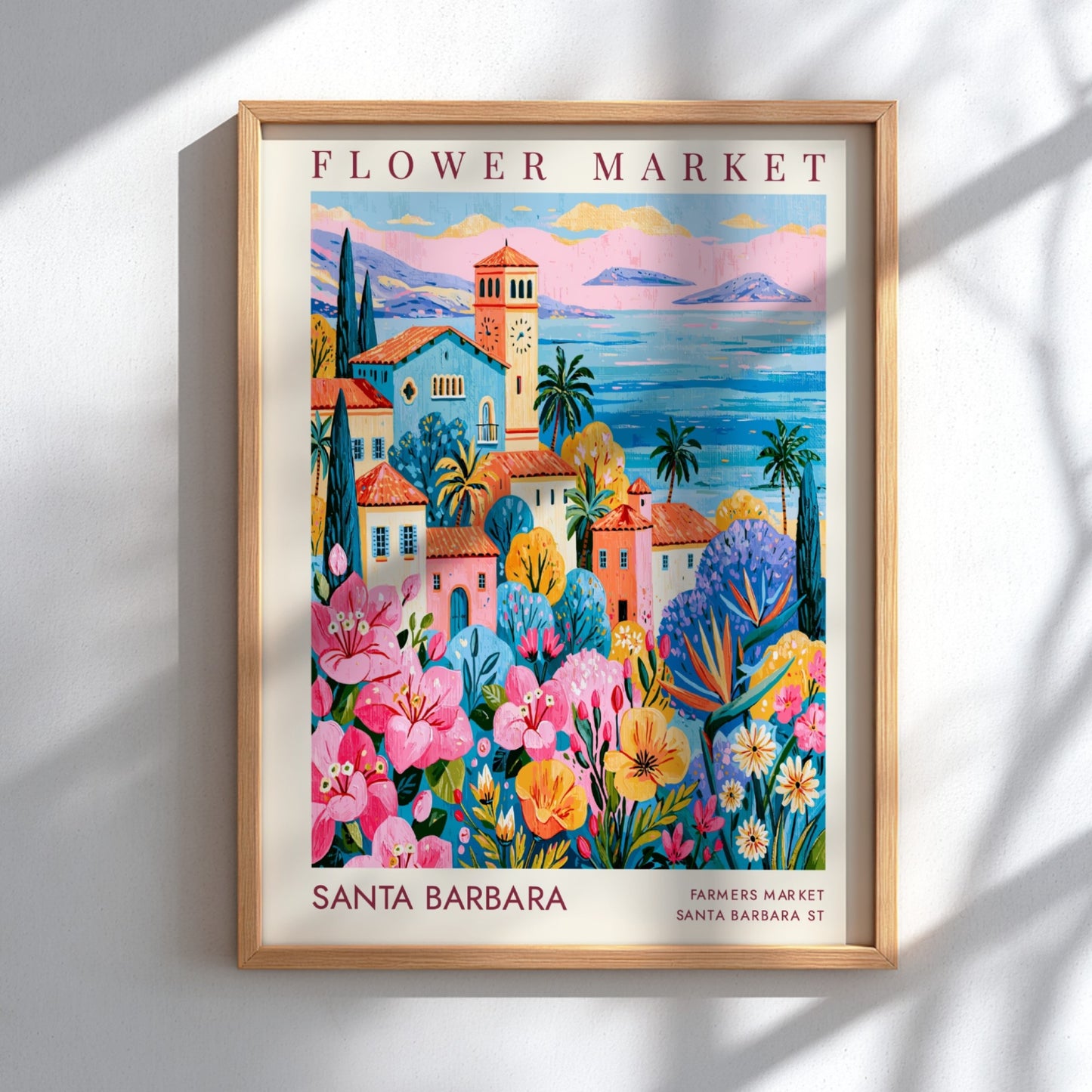 Flower market poster showcasing colorful buildings and flowers in a coastal setting