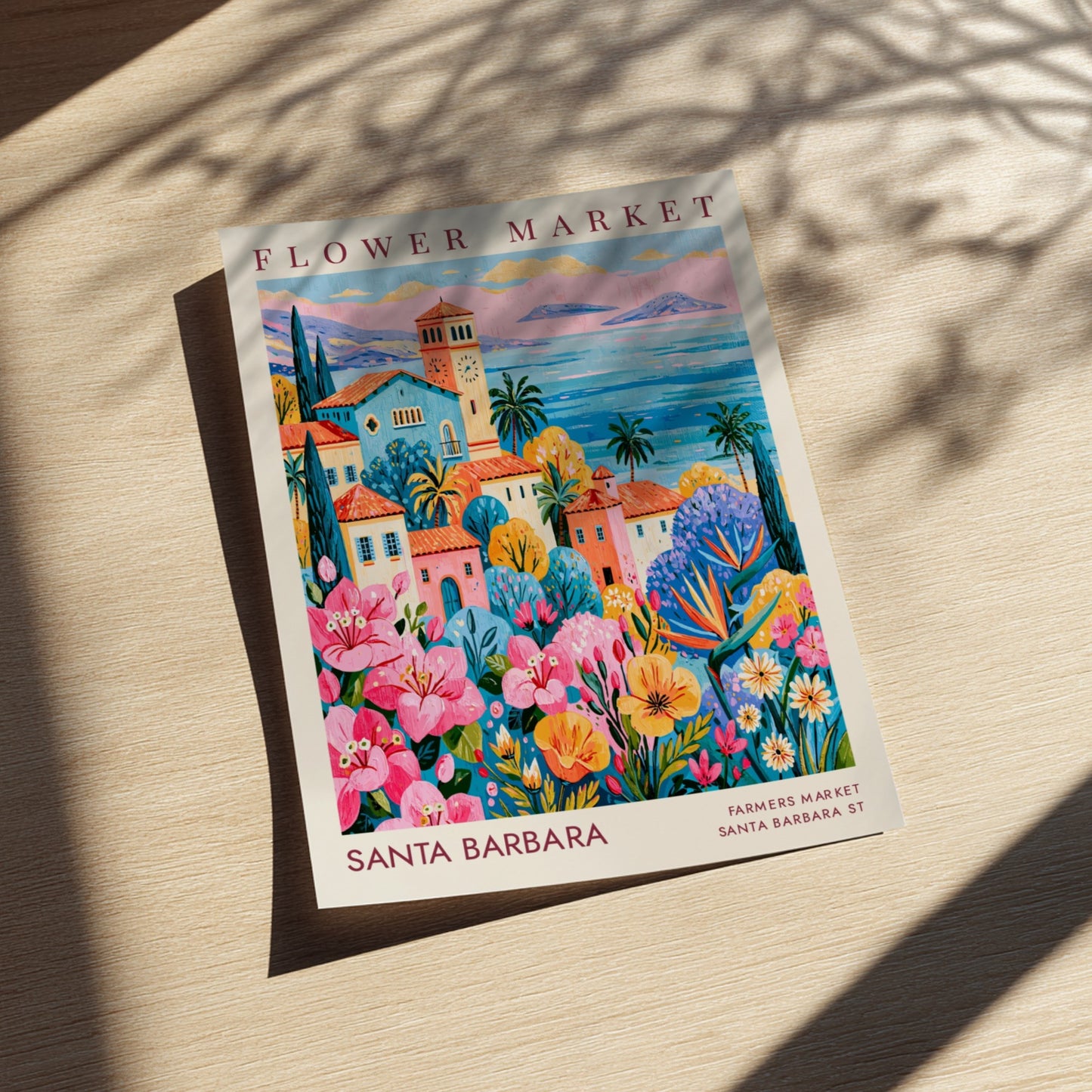 Flower market poster showcasing colorful buildings and flowers in a coastal setting