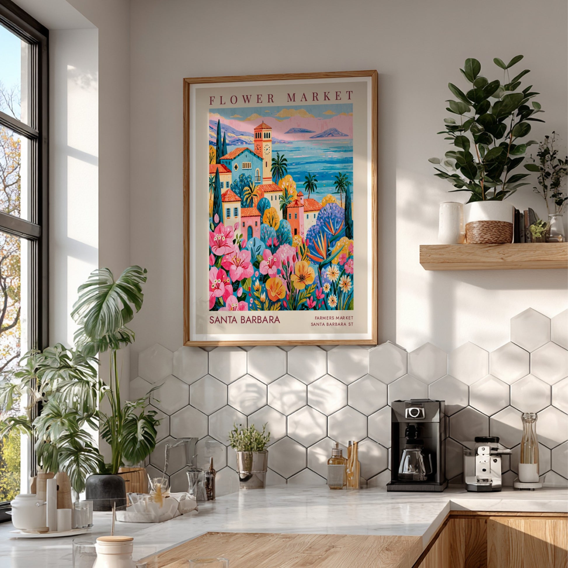 Flower market poster showcasing colorful buildings and flowers in a coastal setting