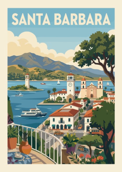 Retro travel poster print of Santa Barbara featuring coastal scenery, architecture, and boats.