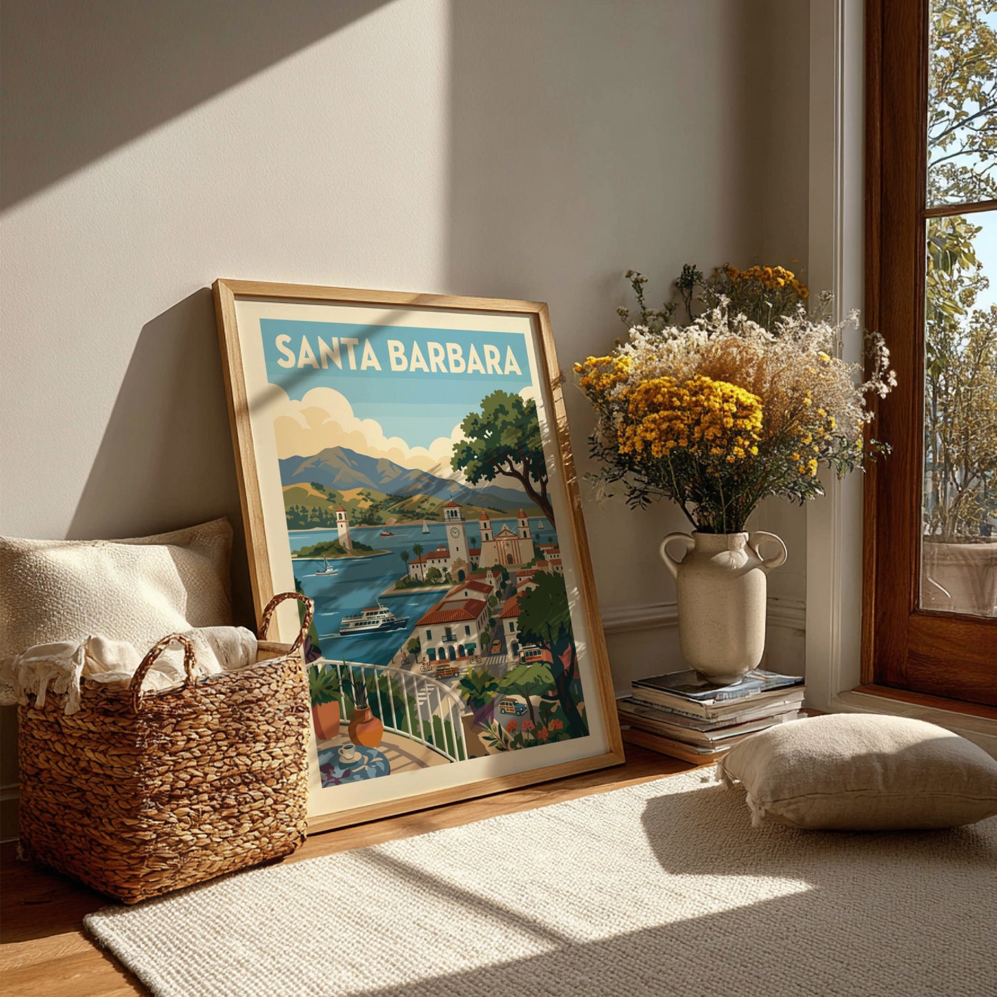Retro travel poster print of Santa Barbara featuring coastal scenery, architecture, and boats.