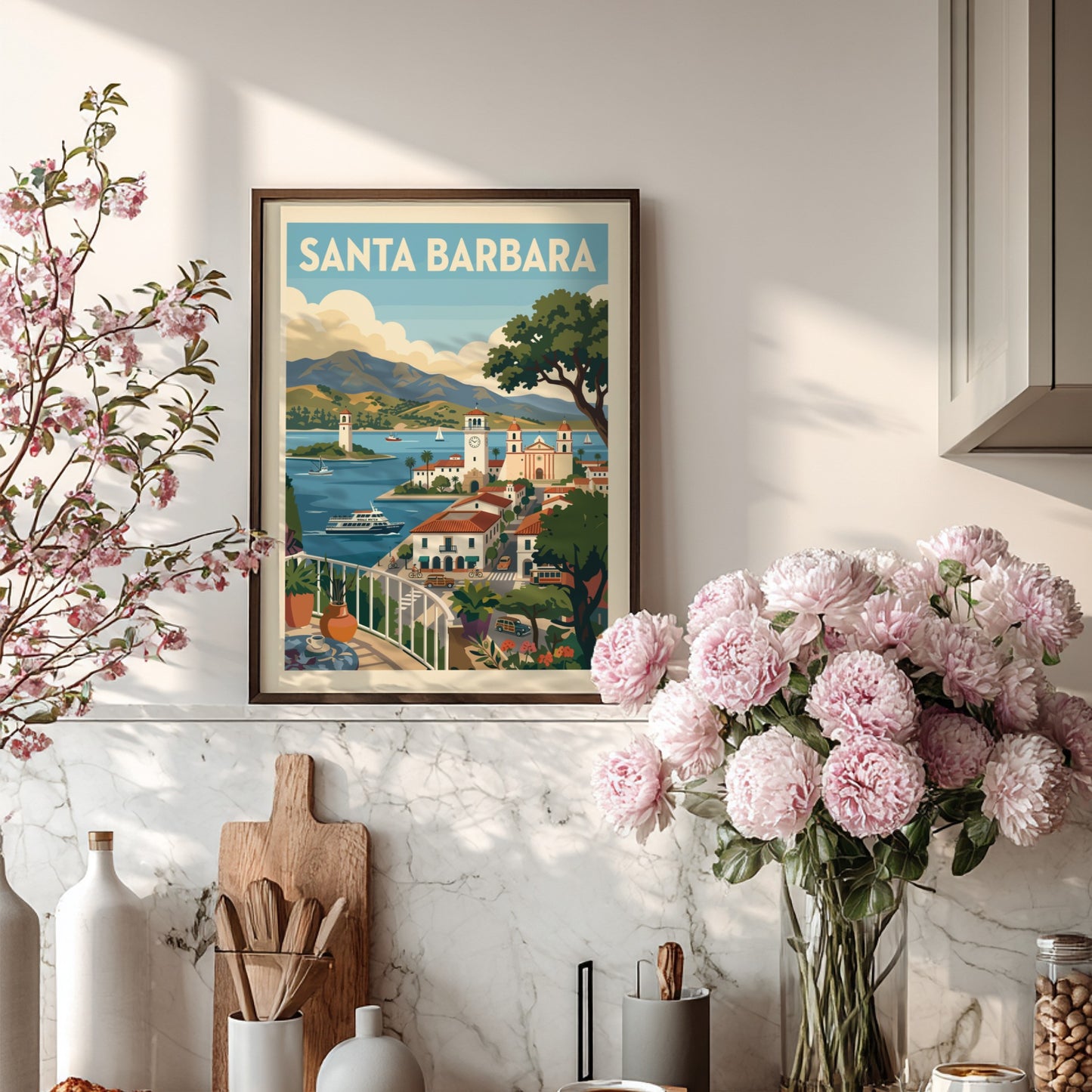 Retro travel poster print of Santa Barbara featuring coastal scenery, architecture, and boats.
