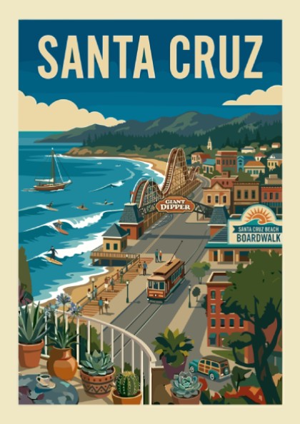 Vintage Santa Cruz Boardwalk poster with roller coaster, ocean, and trolley in a retro illustration style.