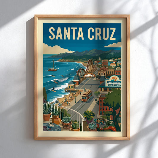 Vintage Santa Cruz Boardwalk poster with roller coaster, ocean, and trolley in a retro illustration style.
