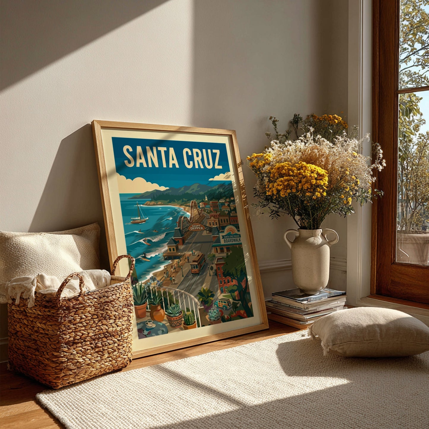 Vintage Santa Cruz Boardwalk poster with roller coaster, ocean, and trolley in a retro illustration style.