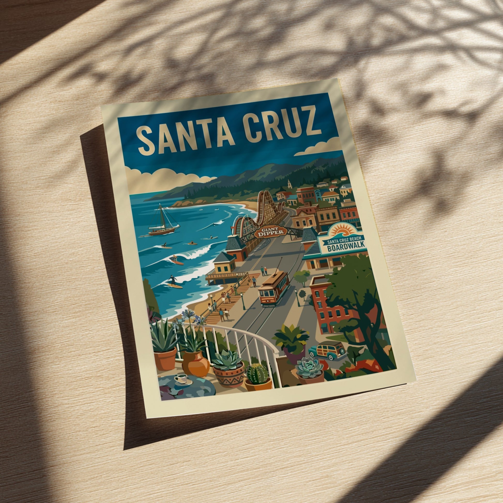 Vintage Santa Cruz Boardwalk poster with roller coaster, ocean, and trolley in a retro illustration style.