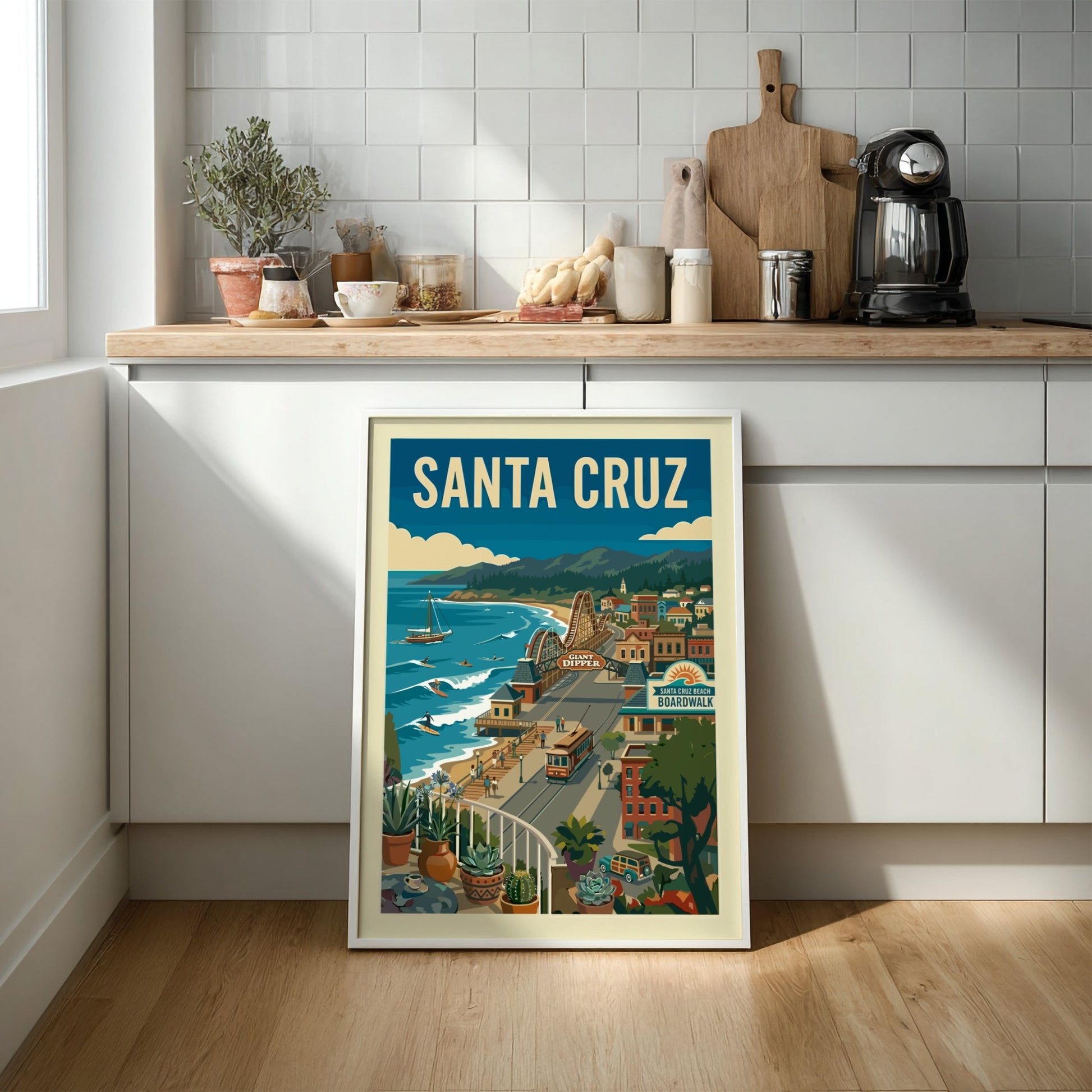 Vintage Santa Cruz Boardwalk poster with roller coaster, ocean, and trolley in a retro illustration style.