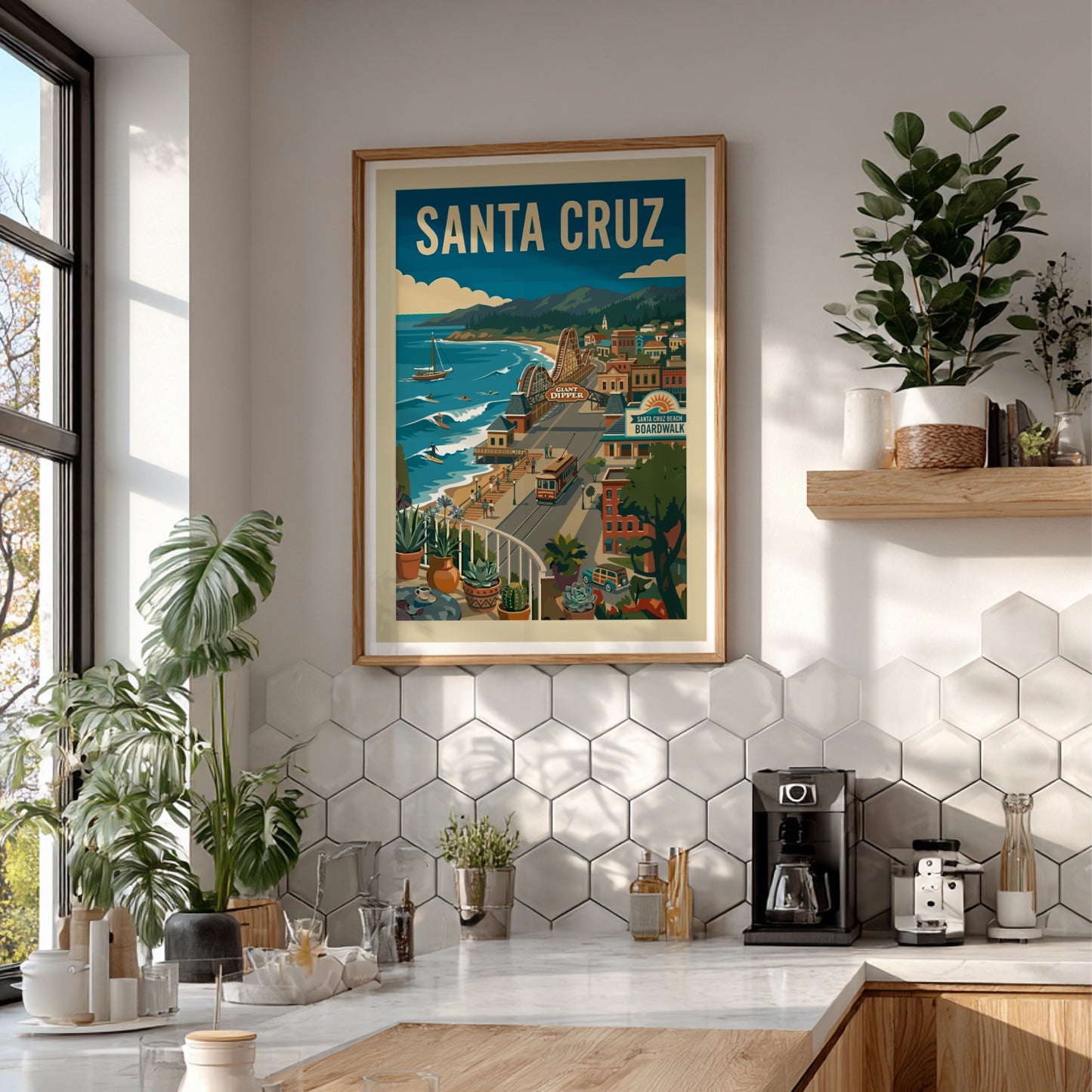 Vintage Santa Cruz Boardwalk poster with roller coaster, ocean, and trolley in a retro illustration style.