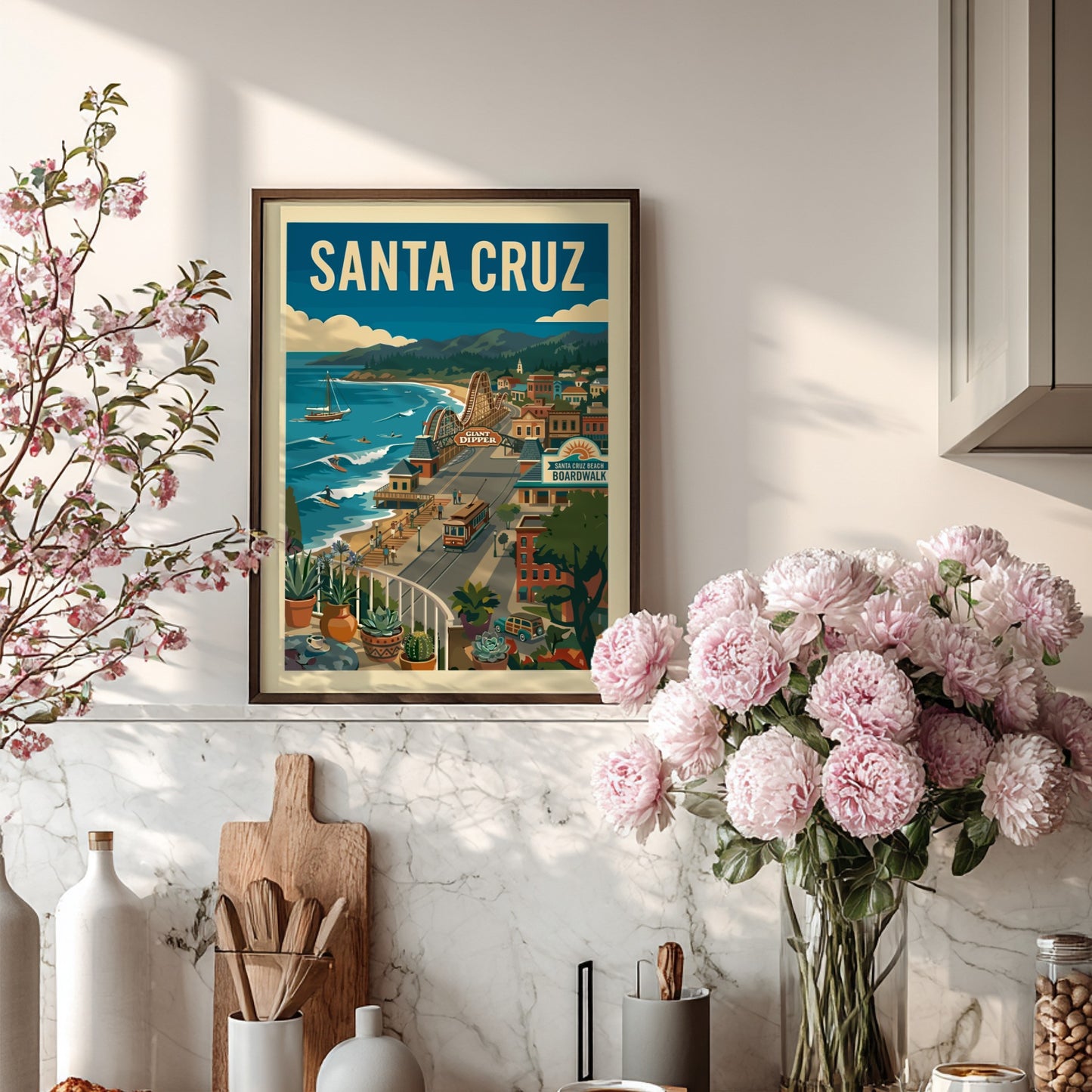 Vintage Santa Cruz Boardwalk poster with roller coaster, ocean, and trolley in a retro illustration style.