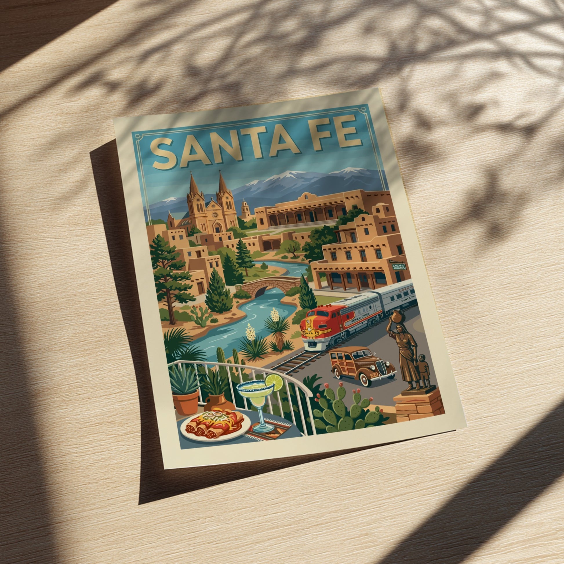 Retro Santa Fe travel poster with a train, vintage car, adobe buildings, and mountains.