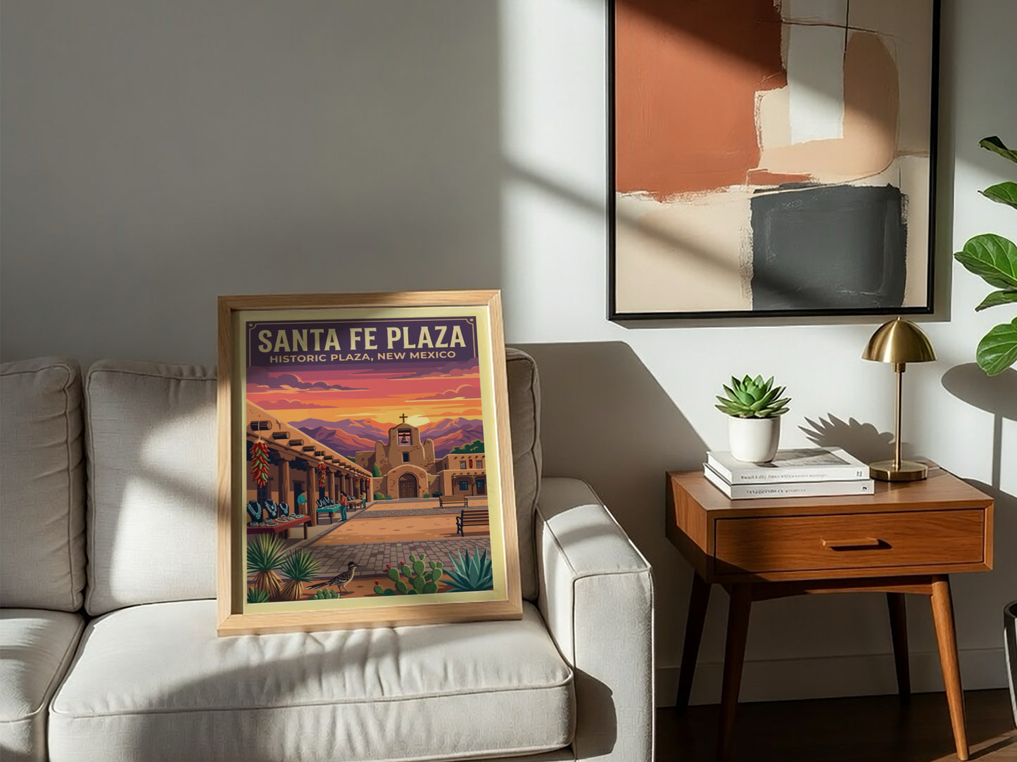 Travel poster of Santa Fe Plaza featuring adobe architecture under a vibrant sunset sky.