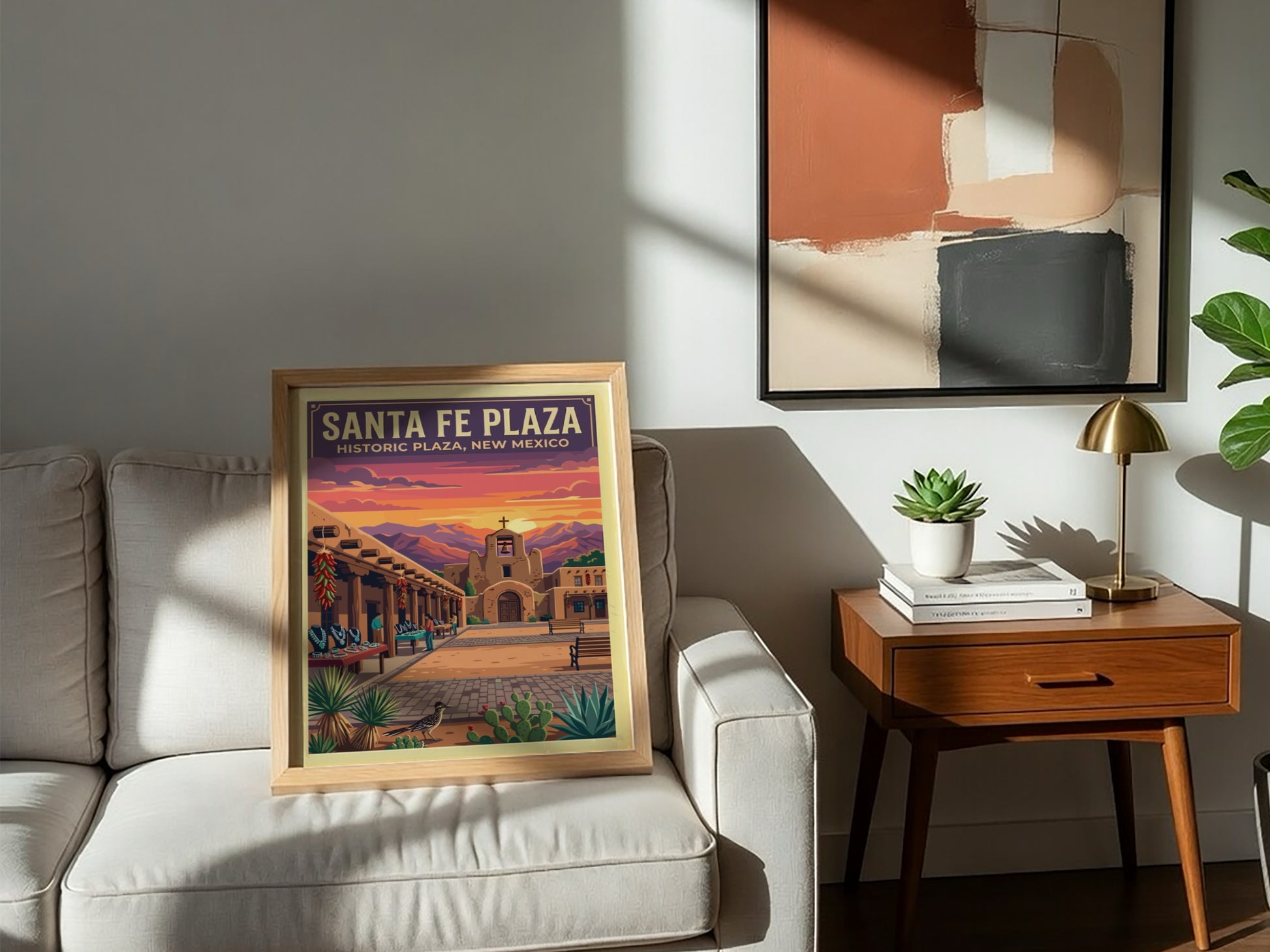 Travel poster of Santa Fe Plaza featuring adobe architecture under a vibrant sunset sky.