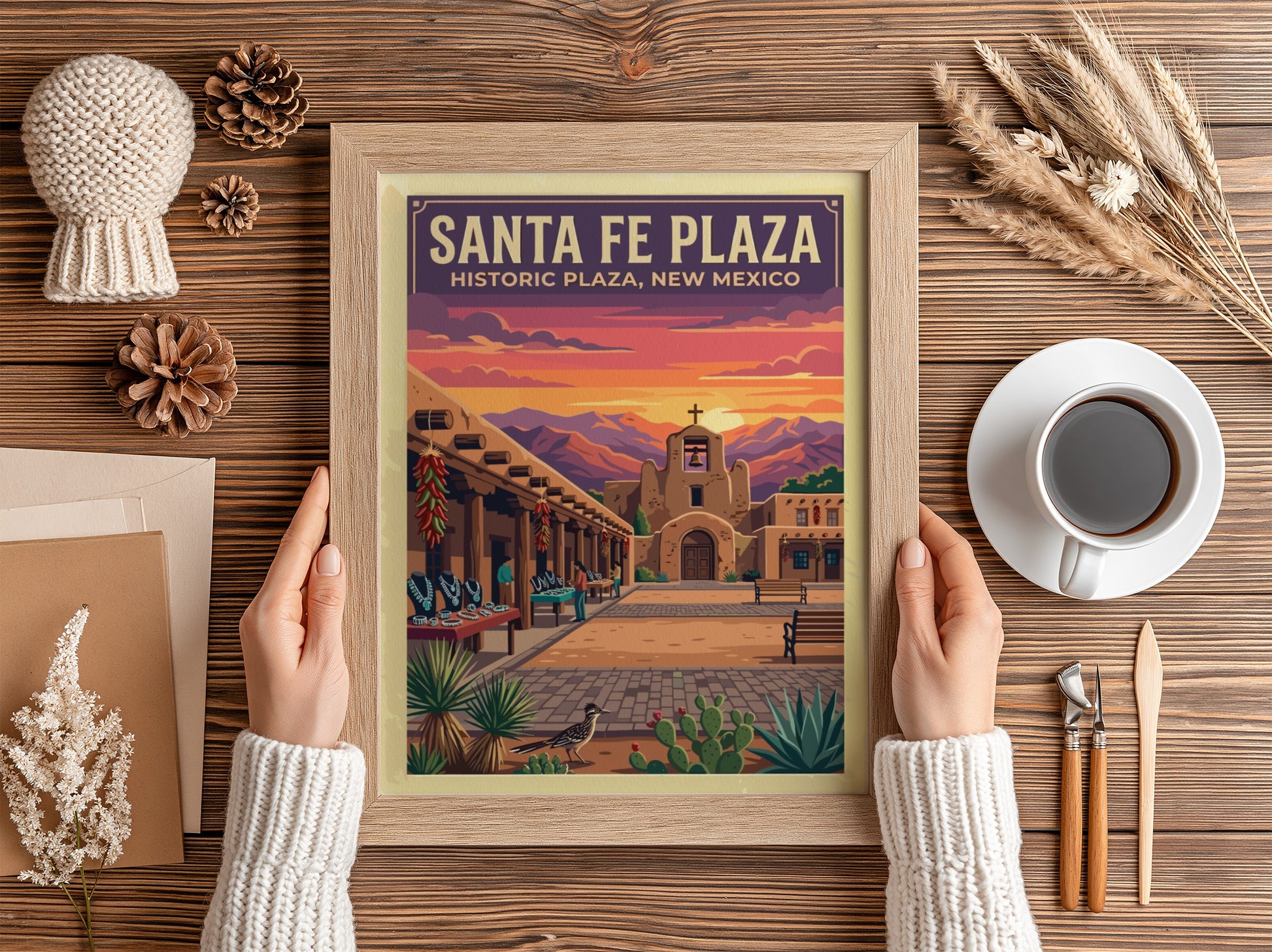 Travel poster of Santa Fe Plaza featuring adobe architecture under a vibrant sunset sky.