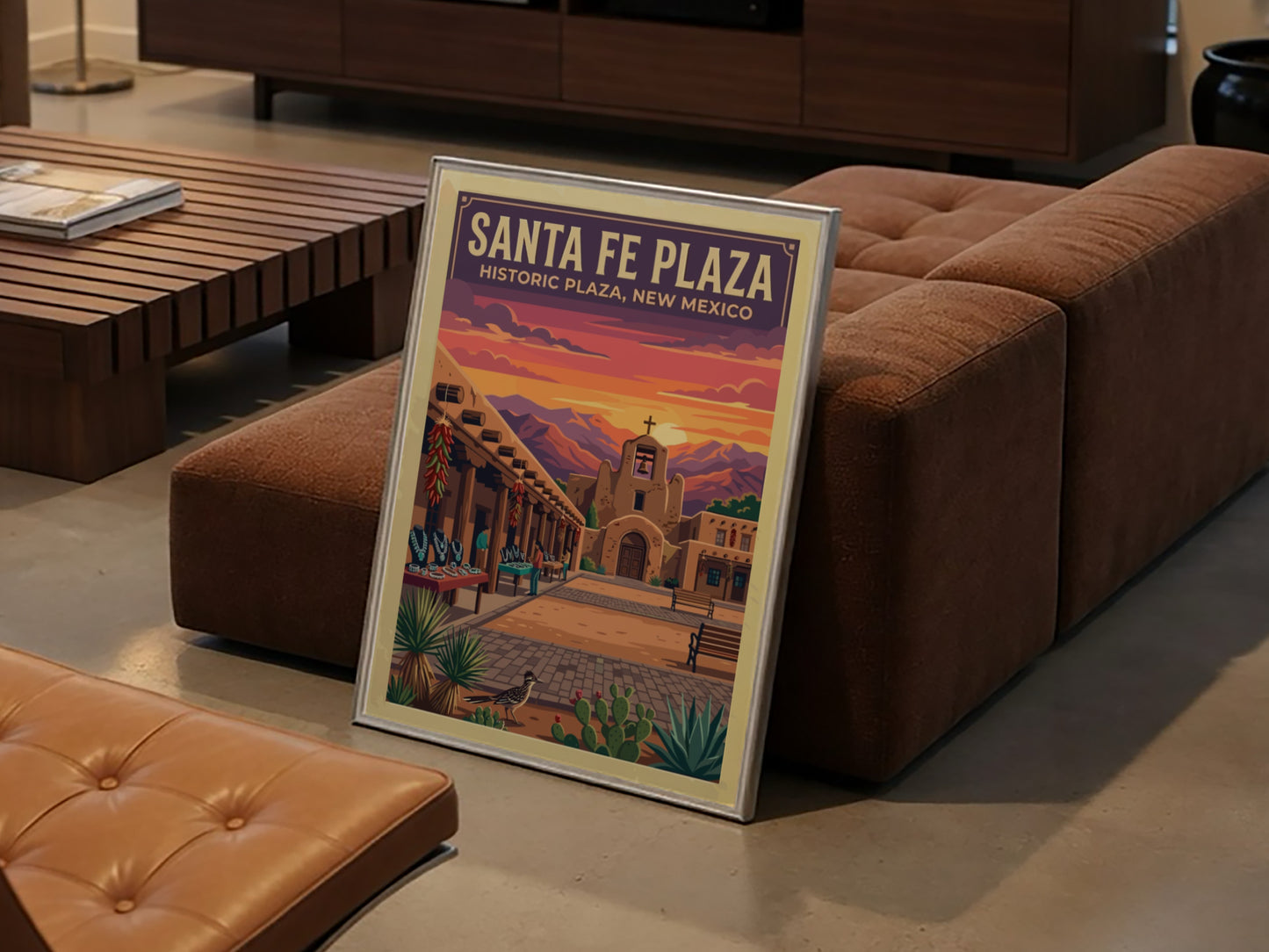 Travel poster of Santa Fe Plaza featuring adobe architecture under a vibrant sunset sky.
