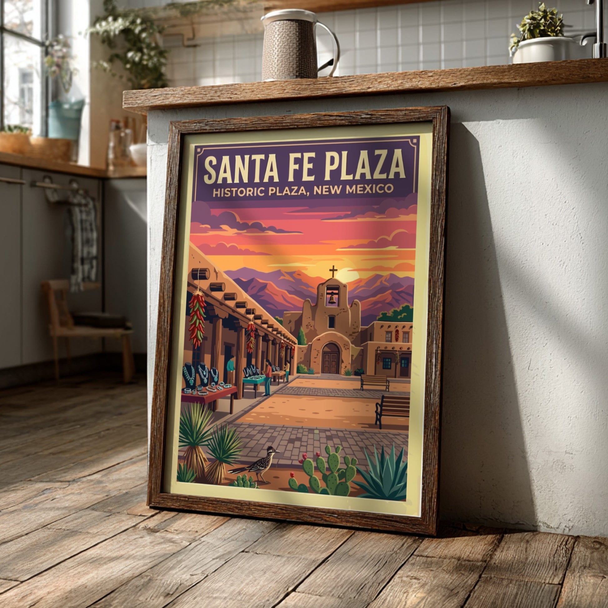 Travel poster of Santa Fe Plaza featuring adobe architecture under a vibrant sunset sky.