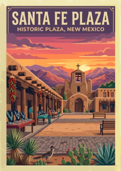 Travel poster of Santa Fe Plaza featuring adobe architecture under a vibrant sunset sky.