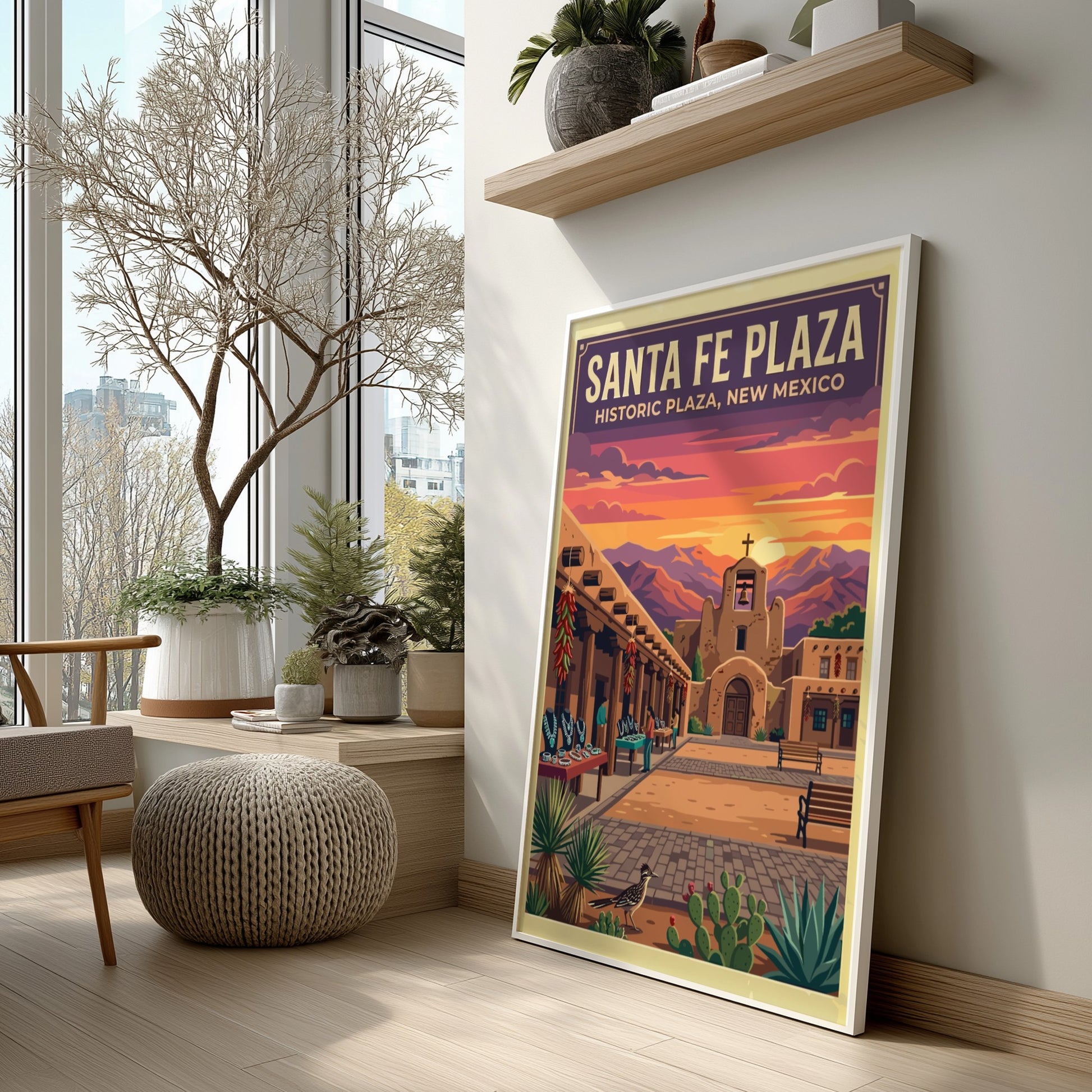 Travel poster of Santa Fe Plaza featuring adobe architecture under a vibrant sunset sky.
