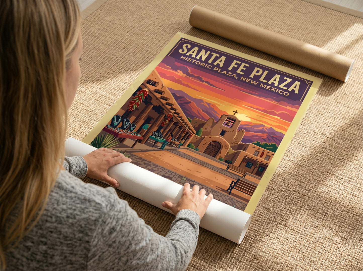 Travel poster of Santa Fe Plaza featuring adobe architecture under a vibrant sunset sky.