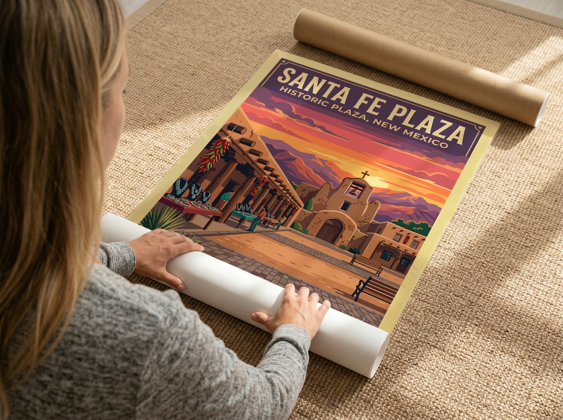 Travel poster of Santa Fe Plaza featuring adobe architecture under a vibrant sunset sky.