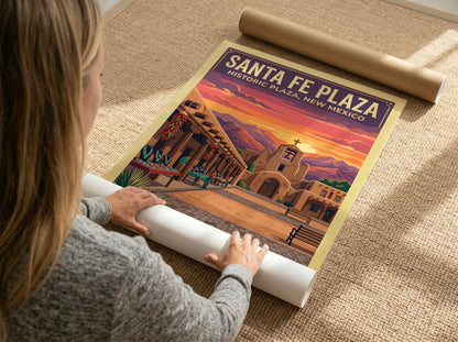 Travel poster of Santa Fe Plaza featuring adobe architecture under a vibrant sunset sky.