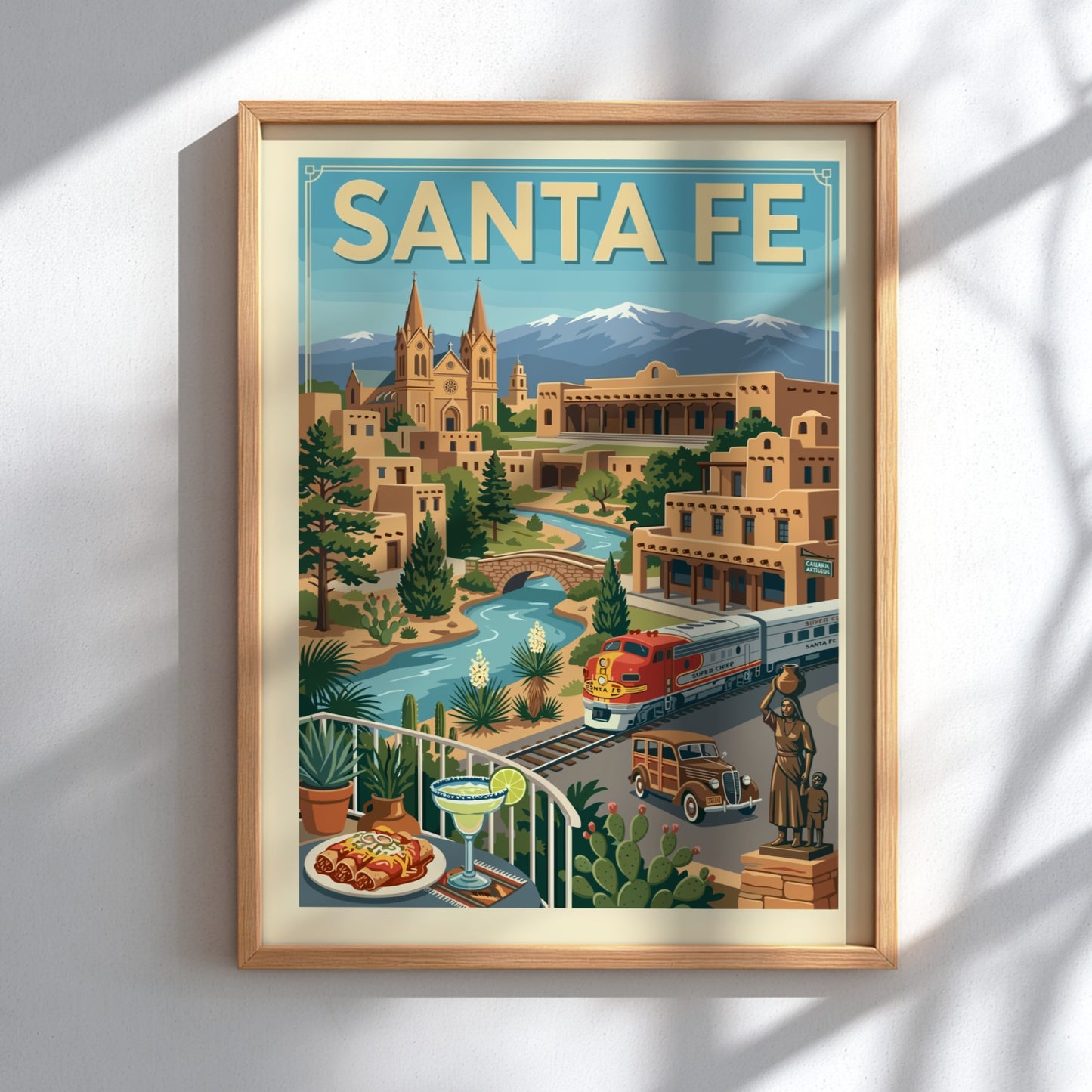 Retro Santa Fe travel poster with a train, vintage car, adobe buildings, and mountains.