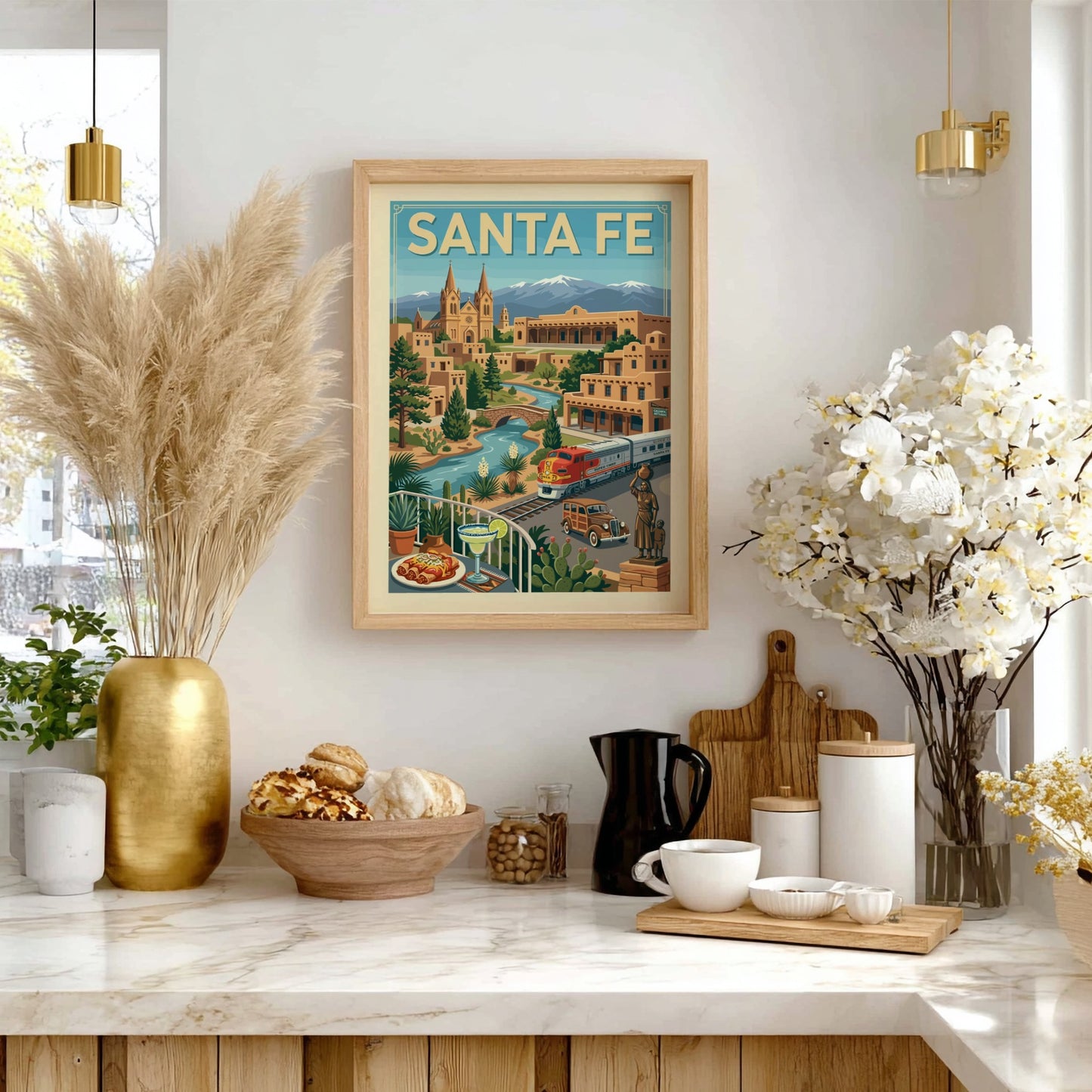 Retro Santa Fe travel poster with a train, vintage car, adobe buildings, and mountains.