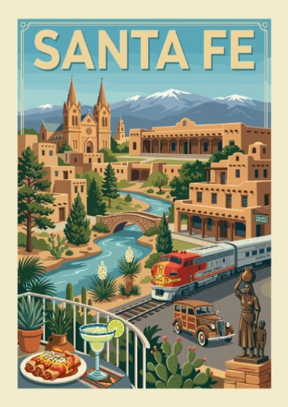 Retro Santa Fe travel poster with a train, vintage car, adobe buildings, and mountains.