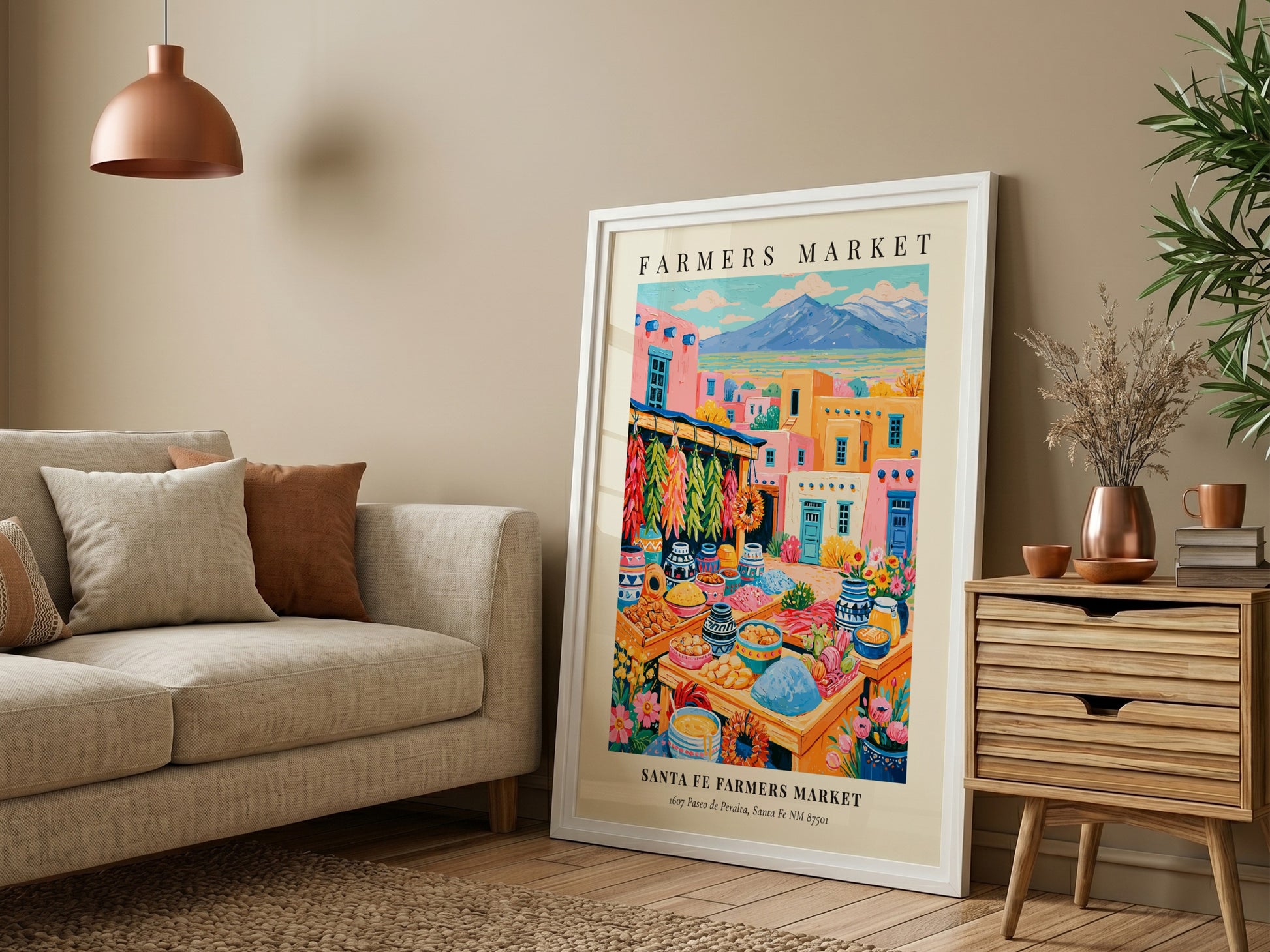 Santa Fe Farmers Market poster featuring colorful produce and local crafts in a vibrant market scene