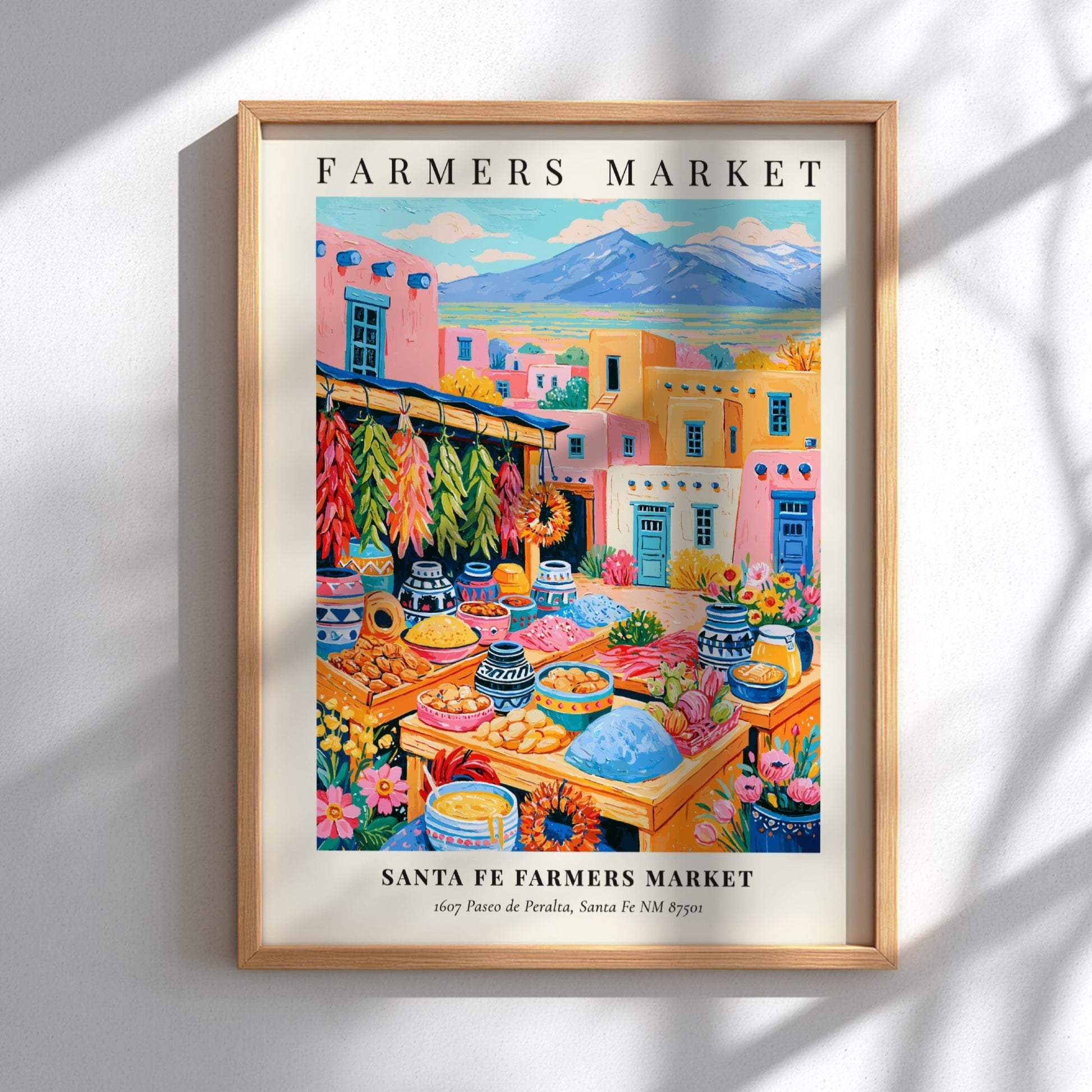 Santa Fe Farmers Market poster featuring colorful produce and local crafts in a vibrant market scene