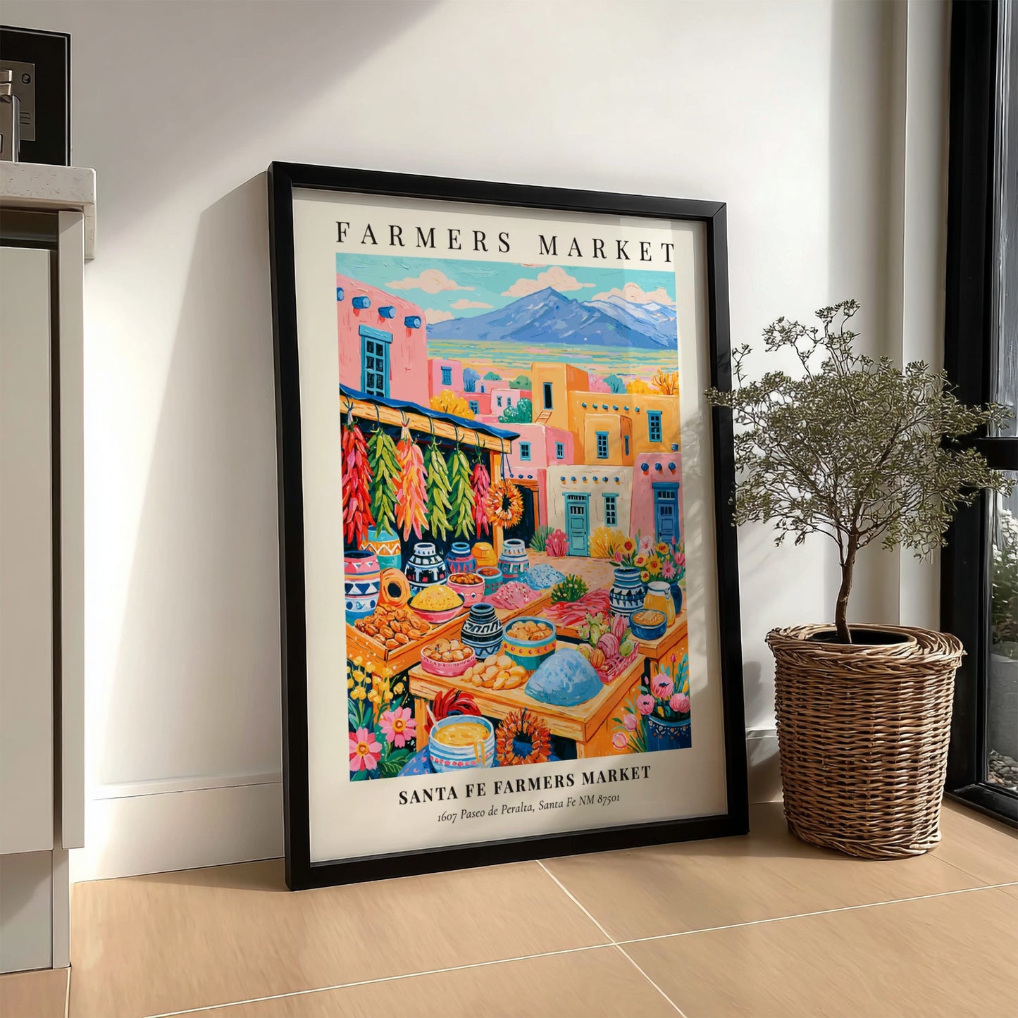 Santa Fe Farmers Market poster featuring colorful produce and local crafts in a vibrant market scene