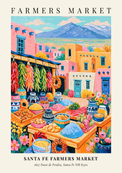 Santa Fe Farmers Market poster featuring colorful produce and local crafts in a vibrant market scene