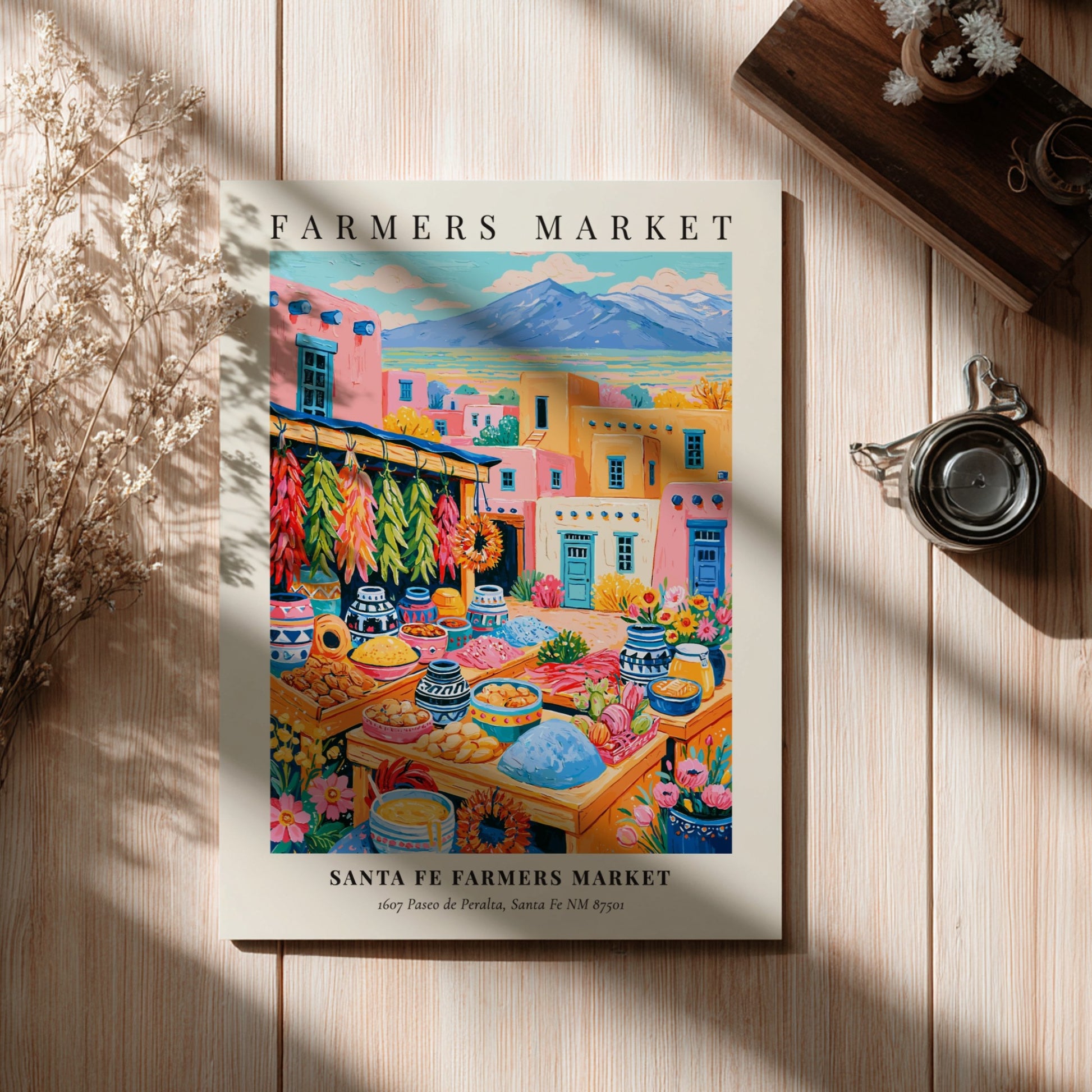 Santa Fe Farmers Market poster featuring colorful produce and local crafts in a vibrant market scene
