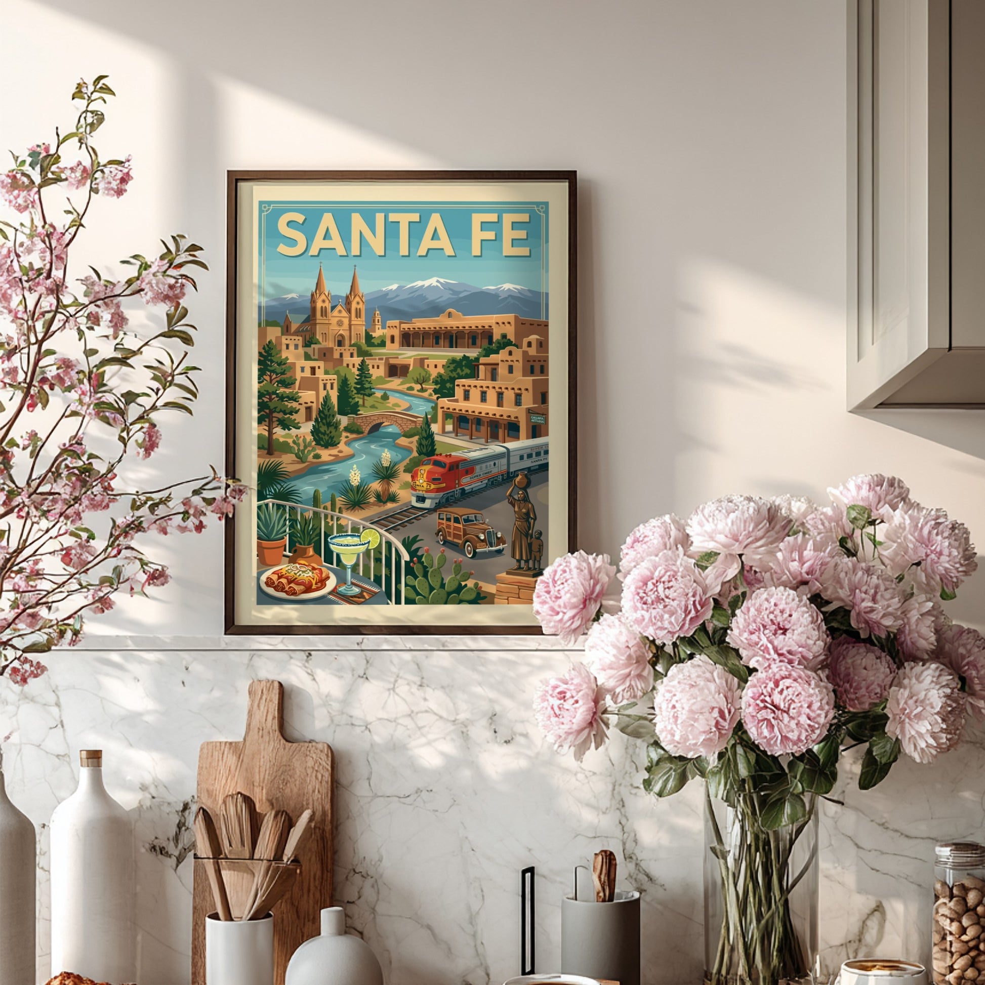 Retro Santa Fe travel poster with a train, vintage car, adobe buildings, and mountains.