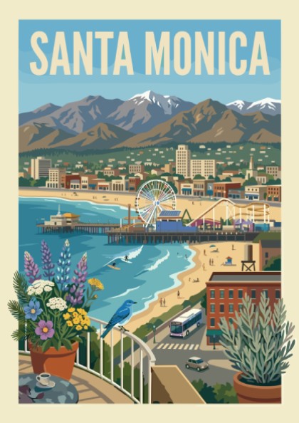 Vintage style poster of Santa Monica beach with pier, Ferris wheel, mountains, and coastal city.