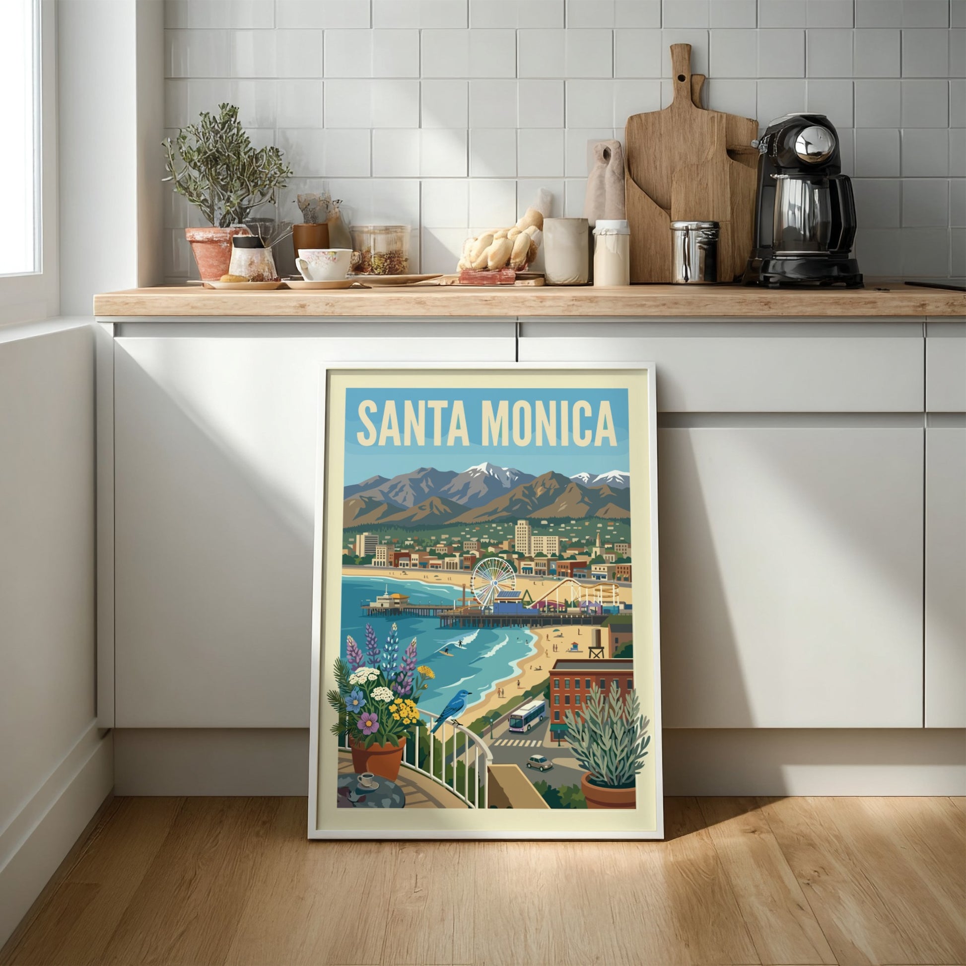 Vintage style poster of Santa Monica beach with pier, Ferris wheel, mountains, and coastal city.