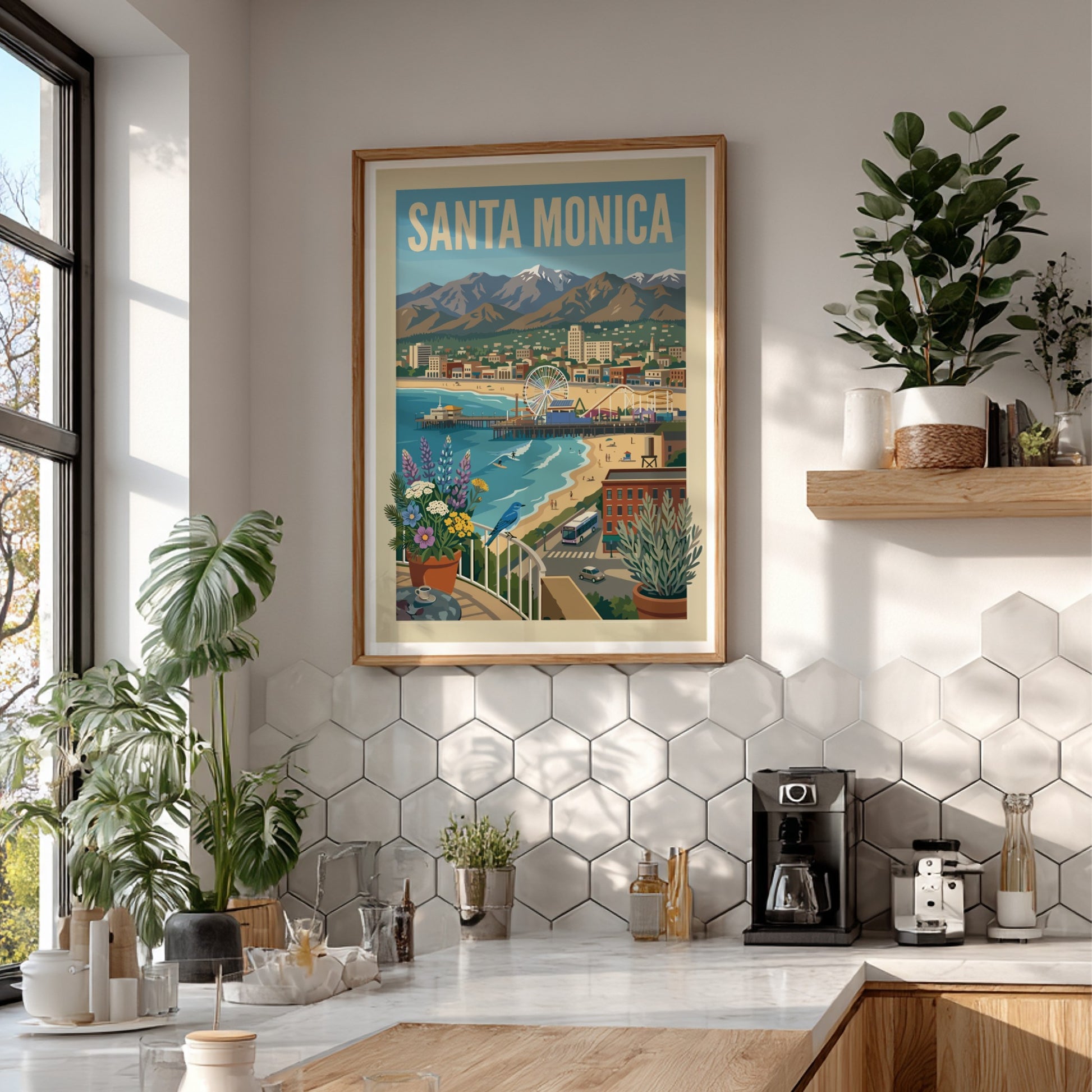 Vintage style poster of Santa Monica beach with pier, Ferris wheel, mountains, and coastal city.
