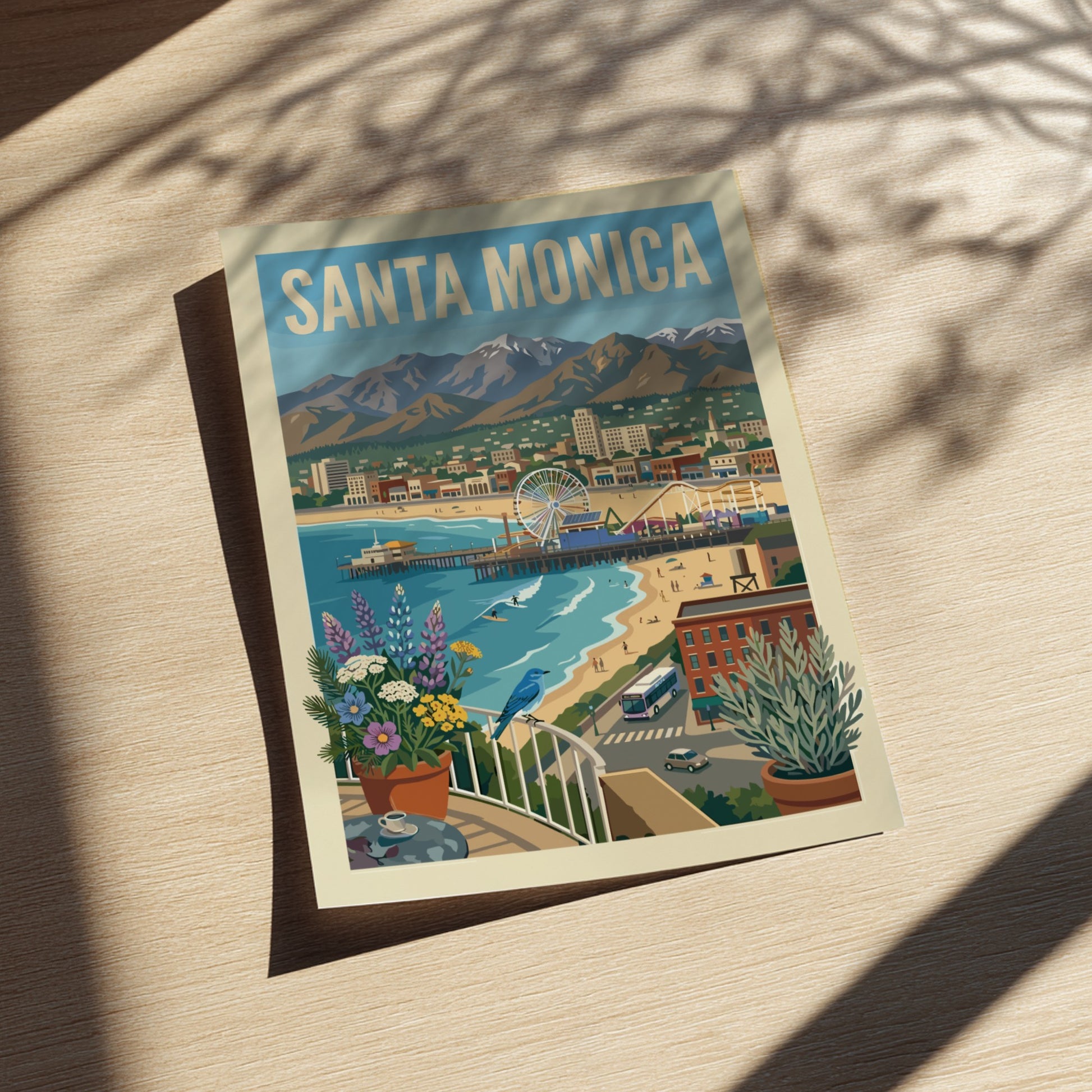 Vintage style poster of Santa Monica beach with pier, Ferris wheel, mountains, and coastal city.