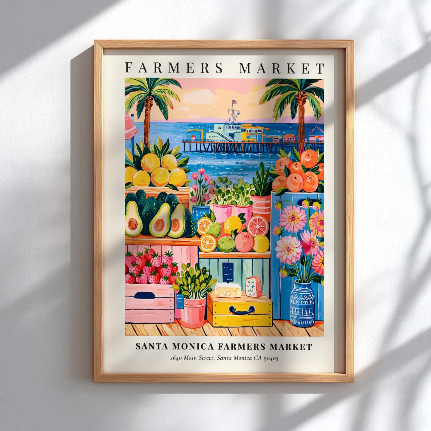 Santa Monica farmers market poster featuring colorful fruits, flowers, and a pier in a vibrant style