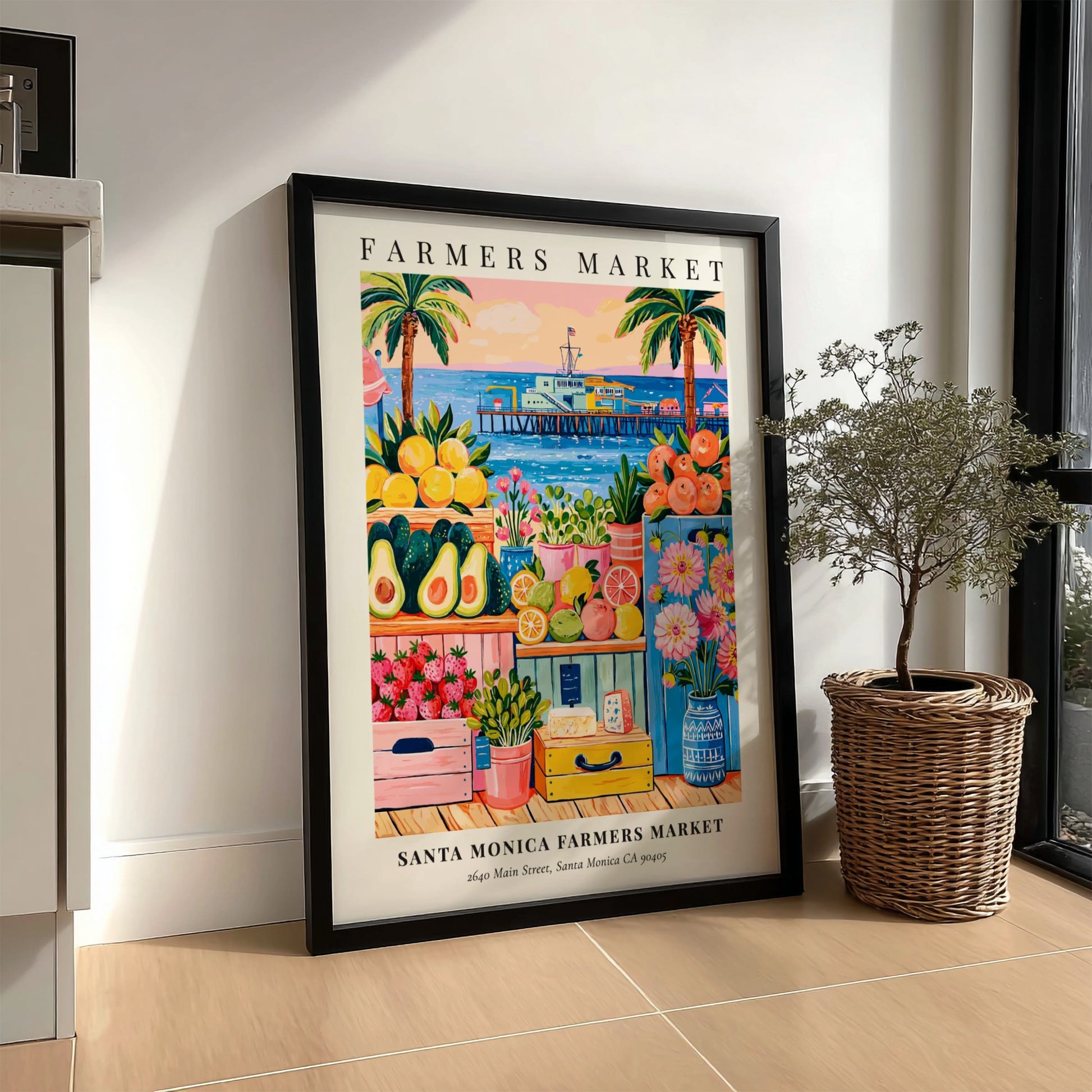 Santa Monica farmers market poster featuring colorful fruits, flowers, and a pier in a vibrant style