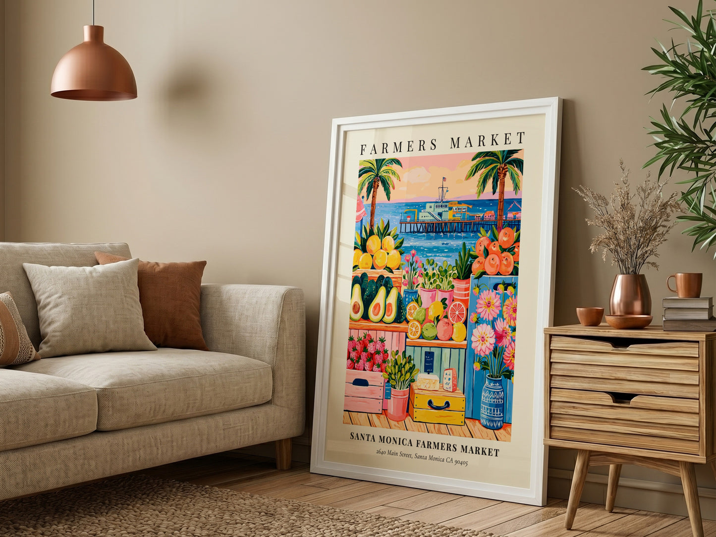 Santa Monica farmers market poster featuring colorful fruits, flowers, and a pier in a vibrant style