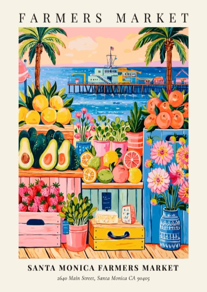 Santa Monica farmers market poster featuring colorful fruits, flowers, and a pier in a vibrant style