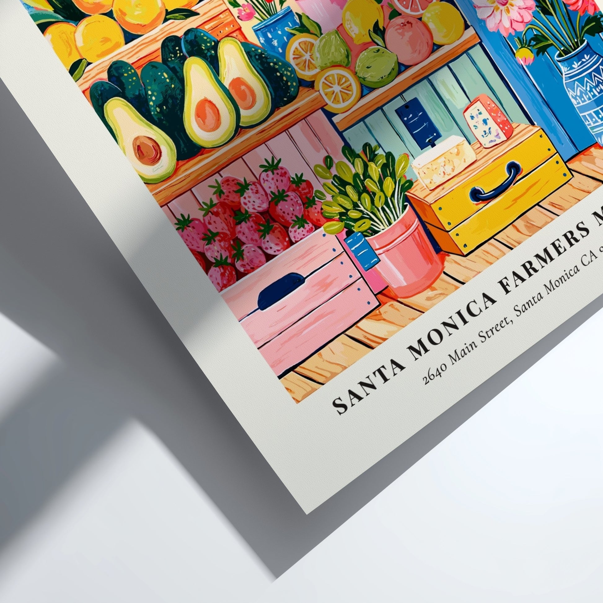 Santa Monica farmers market poster featuring colorful fruits, flowers, and a pier in a vibrant style